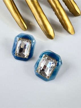 Nordstrom Blue Resin Stud Earrings with Clear Crystal Centers